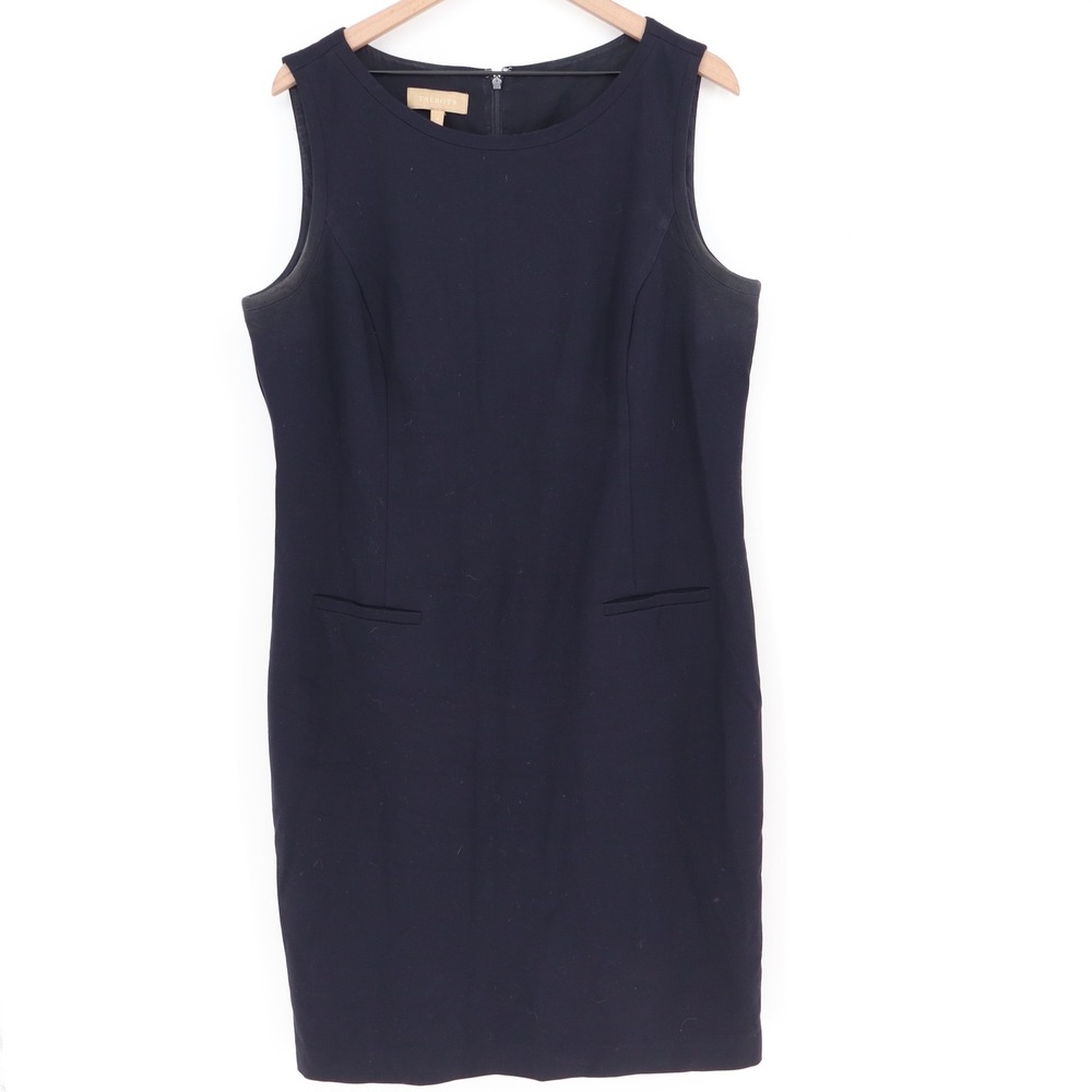 Talbots Dress Womens 16 Sleeveless Shift Navy Blue Faux Pocket Good